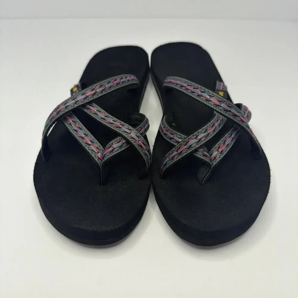 Teva Sandals Womens 9 Olowahu Casual Slip On Flip Flops Flats 6840 Black Fabric - Picture 1 of 9